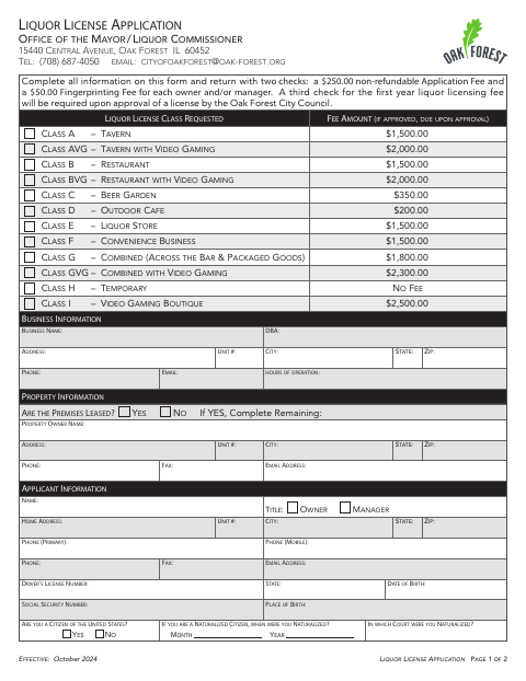 First page of the Liquor License Application