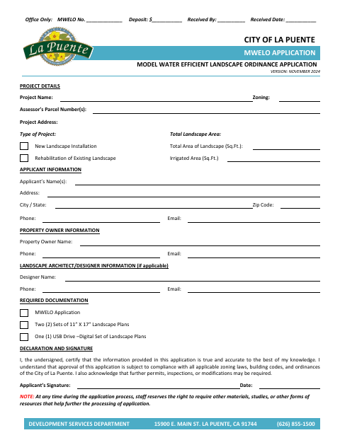First page of the Model Water Efficient Landscape Ordinance Application