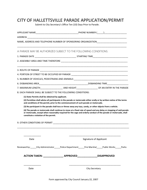 First page of the Parade Application / Permit