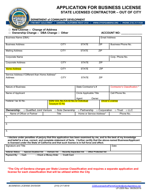 First page of the State Licensed Contractor Out of City Business License