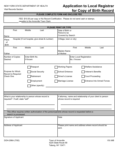 First page of the Application to Local Registrar for Copy of Birth Record