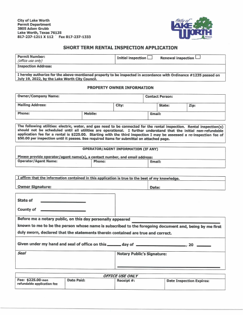 First page of the Short-Term Rental Inspection Application