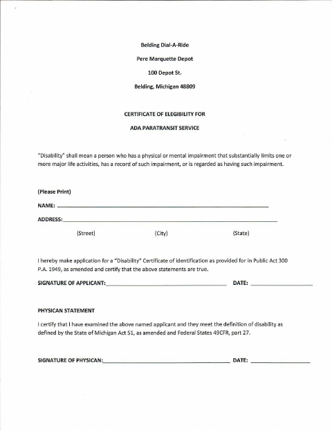 First page of the Certificate of Eligibility for ADA Paratransit Service