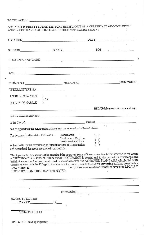 First page of the Construction Affidavit of Completion