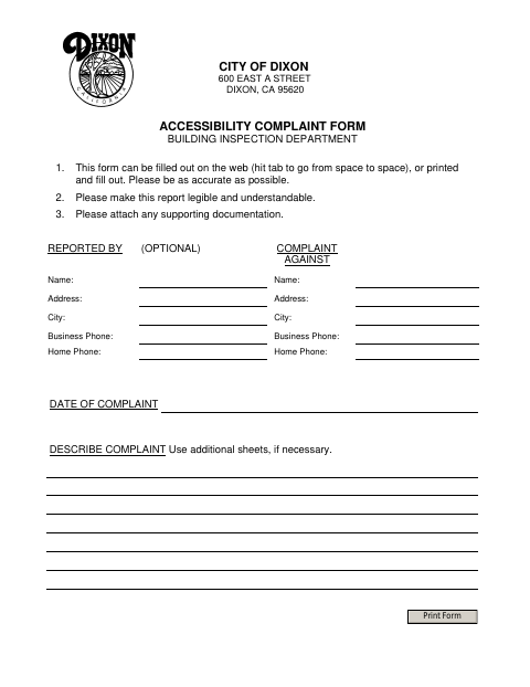 First page of the Accessibility Complaint Form
