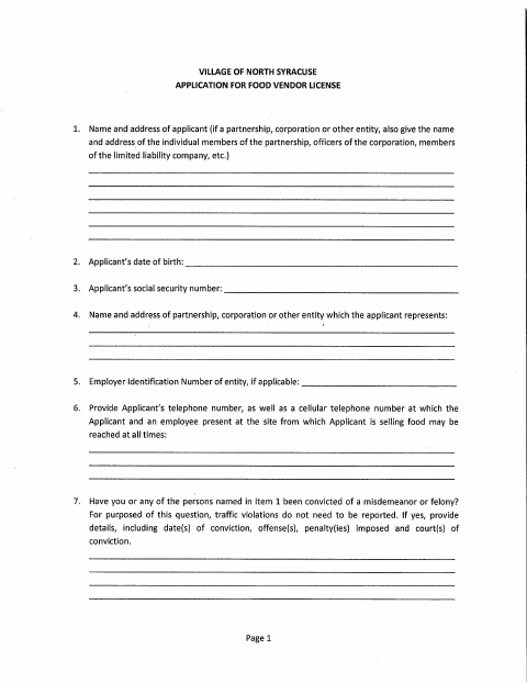 First page of the Food Vendor License Application