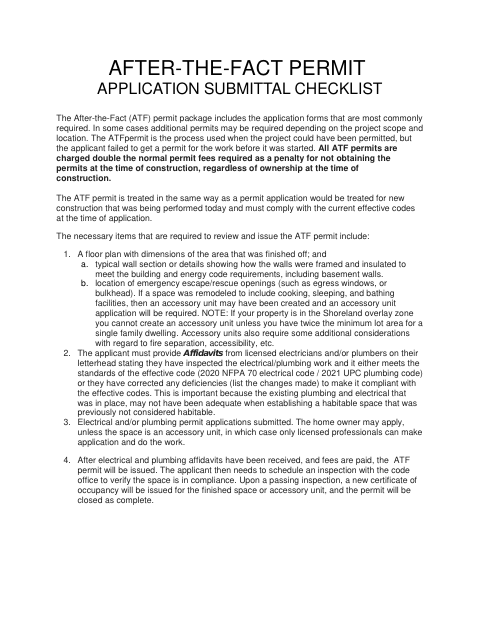 First page of the After-the-Fact Permit Application Package