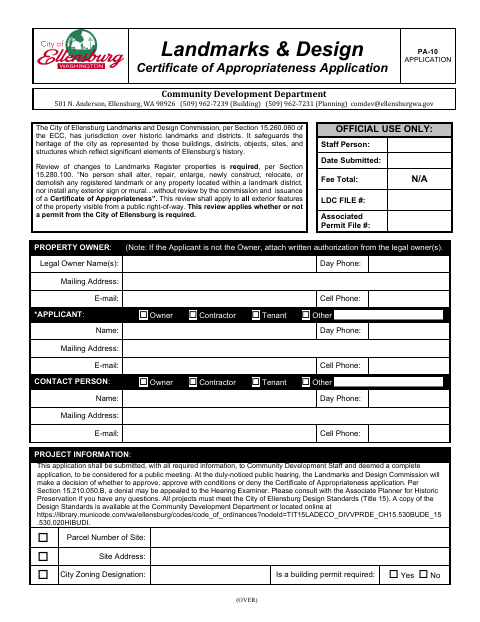 First page of the Landmarks & Design Certificate of Appropriateness Application
