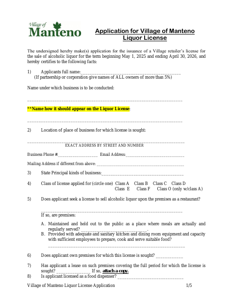 First page of the Liquor License Application