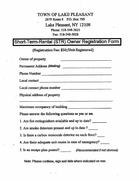 First page of the Short Term Rental Owner Registration Form
