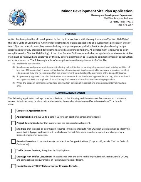 First page of the Minor Development Site Plan Application