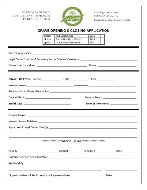 First page of the Grave Opening and Closing Application