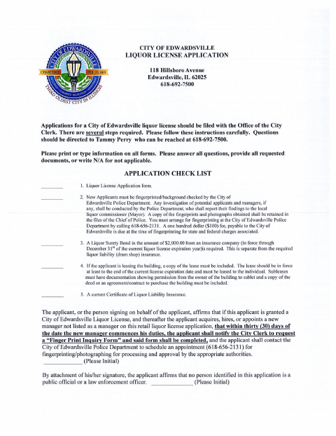 First page of the Liquor License Application