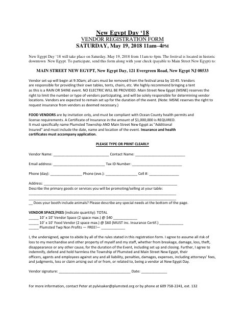 First page of the New Egypt Day Vendor Registration Form