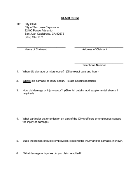 First page of the Claim Form