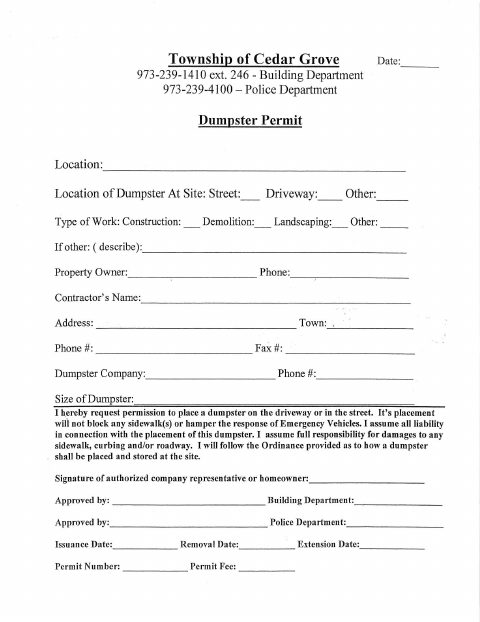 First page of the Dumpster Permit Application