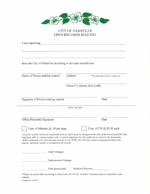 First page of the Open Records Request