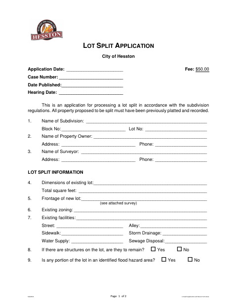 First page of the Lot Split Application and Reason Form