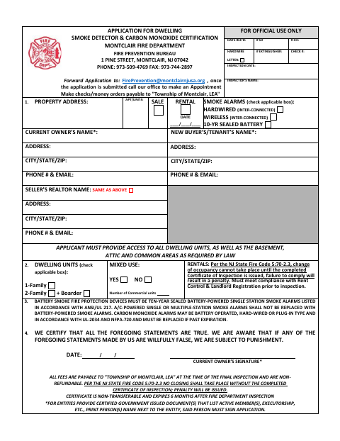 First page of the Dwelling Smoke Detector and Carbon Monoxide Certification Application