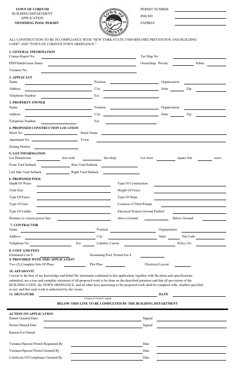 First page of the Swimming Pool Permit Application
