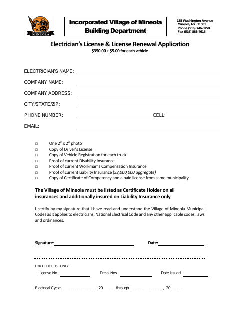 First page of the Electrician’s License & License Renewal Application