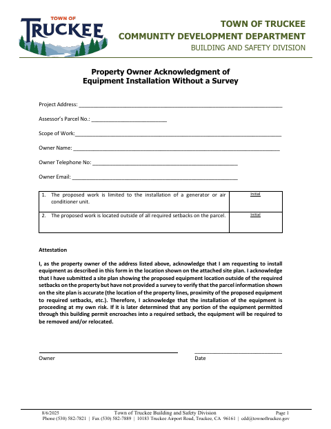 First page of the Property Owner Acknowledgment of Equipment Installation Without a Survey