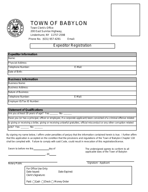 First page of the Expeditor Registration Form