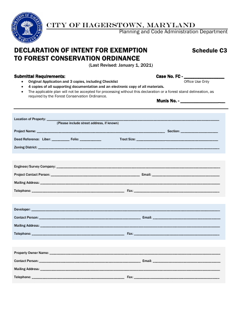 First page of the Declaration of Intent for Forest Conservation Exemption