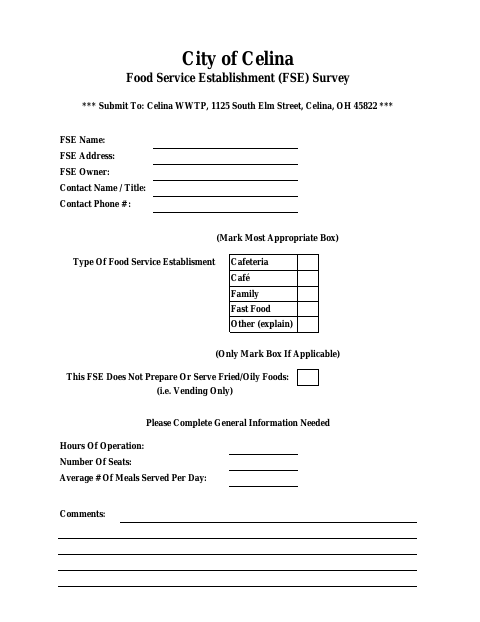 First page of the Food Service Establishment Survey