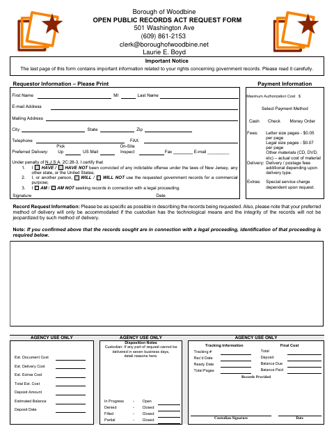 First page of the Open Public Records Act Request Form