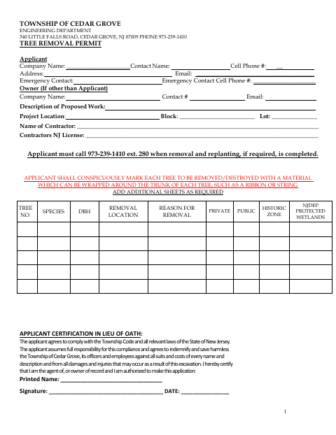 First page of the Tree Removal Permit