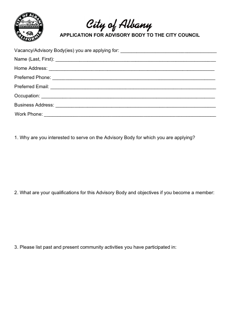 First page of the Application for Advisory Body to the City Council