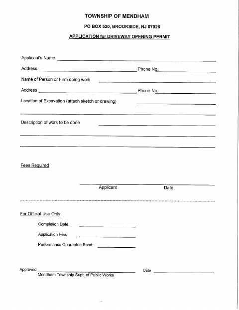 First page of the Driveway Opening Permit Application