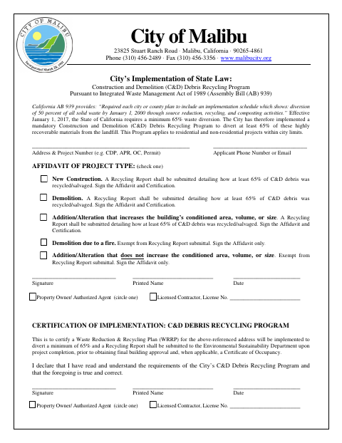 First page of the Construction and Demolition Debris Recycling Affidavit