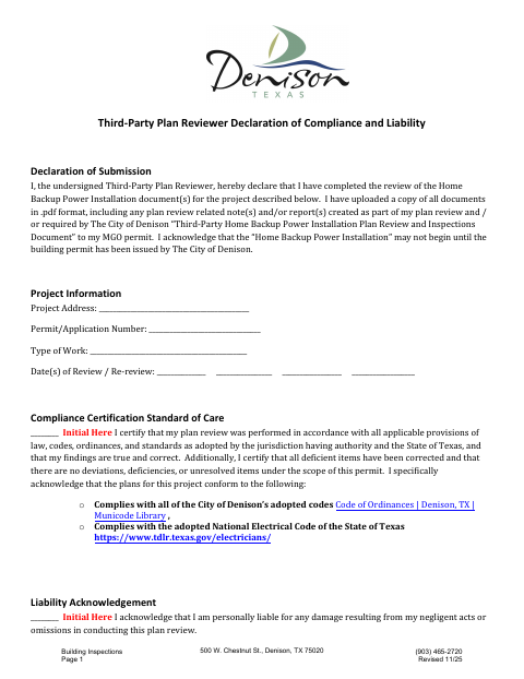 First page of the Third-Party Plan Reviewer Declaration of Compliance and Liability