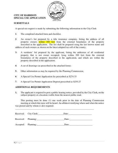 First page of the Special Use Application