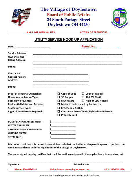 First page of the Utility Service Hook Up Application