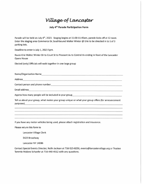 First page of the July 4th Parade Participation Form