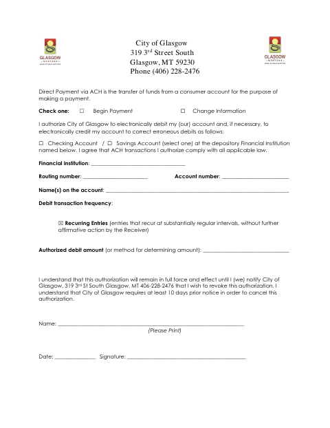 First page of the ACH Form for Water Bill Auto-Pay