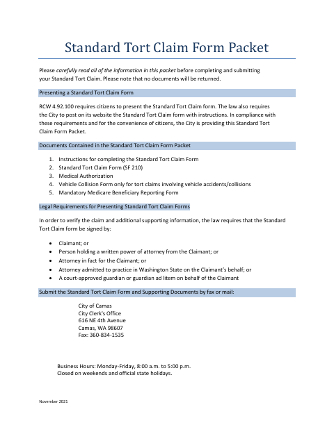 First page of the Standard Tort Claim Form Packet