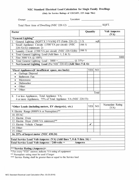 First page of the Residential Electrical Load Calculation Worksheet