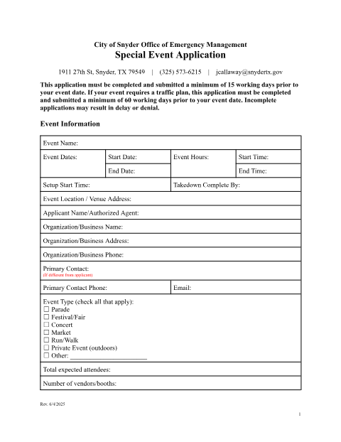 First page of the Special Events Application