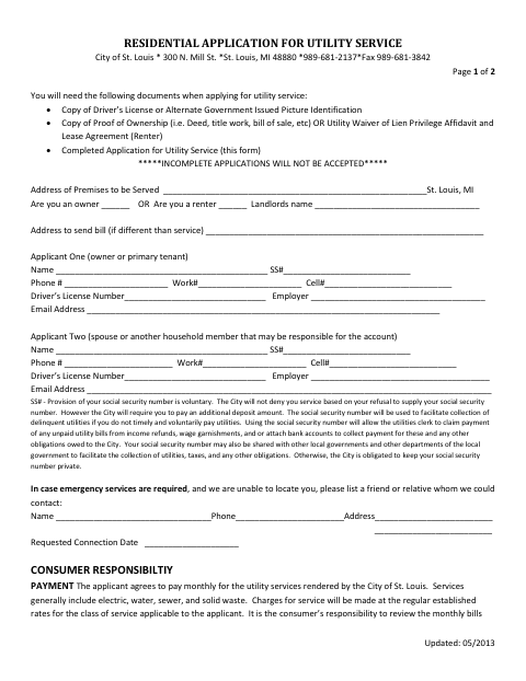 First page of the Residential Application for Utility Service