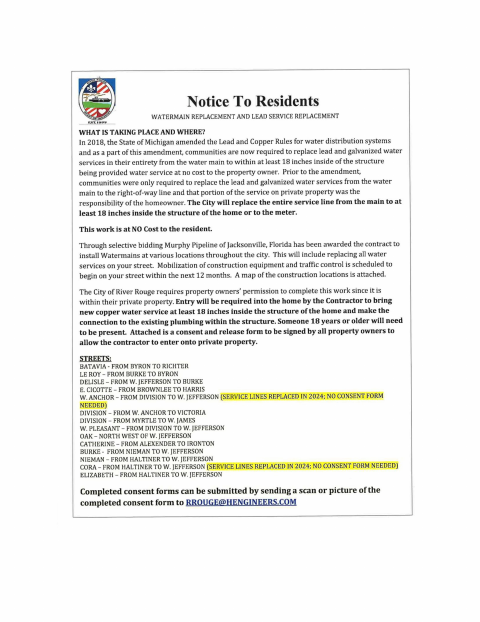 First page of the Lead Water Service Line Consent and Release Form