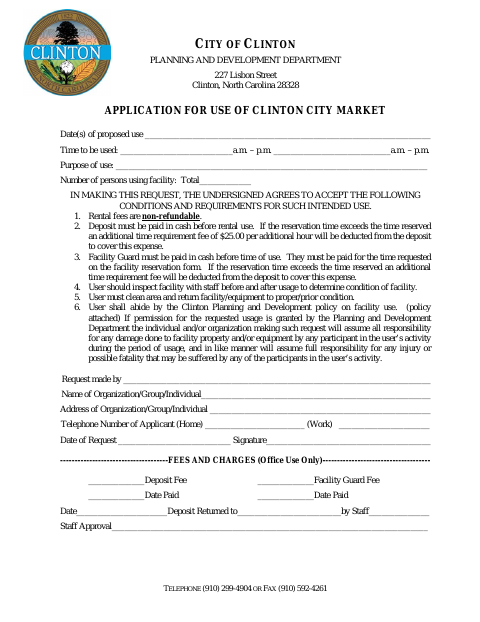 First page of the Application for Use of Clinton City Market