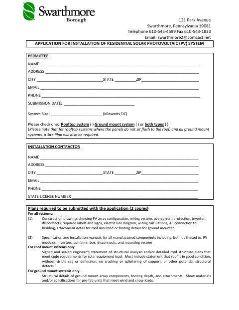 First page of the Application for Installation of Residential Solar Photovoltaic (PV) System