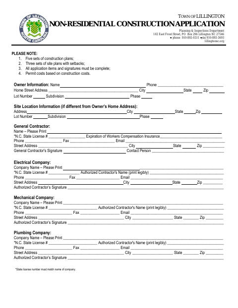 First page of the Non-Residential Construction Application