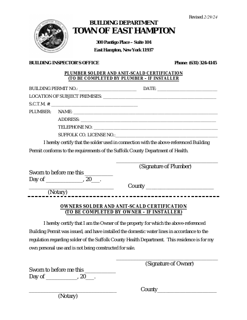 First page of the Plumber Solder and Anti-Scald Certification