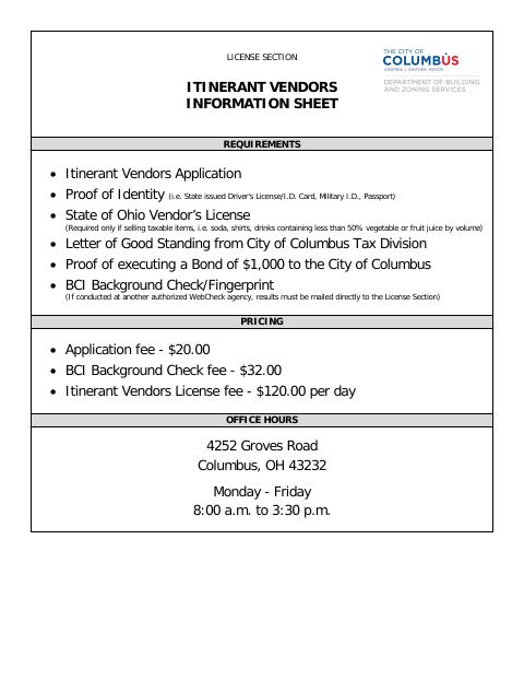 First page of the Itinerant Vendors Application
