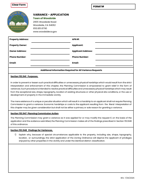 First page of the Variance Application